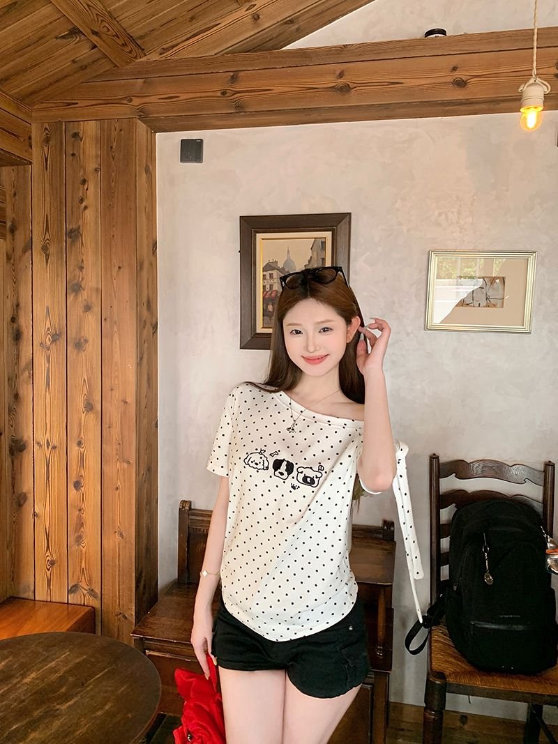 Vapetix S-XL 40 pieces pure cotton fully printed polka dot sweet puppy print trendy summer new off-shoulder shor – Bild 4