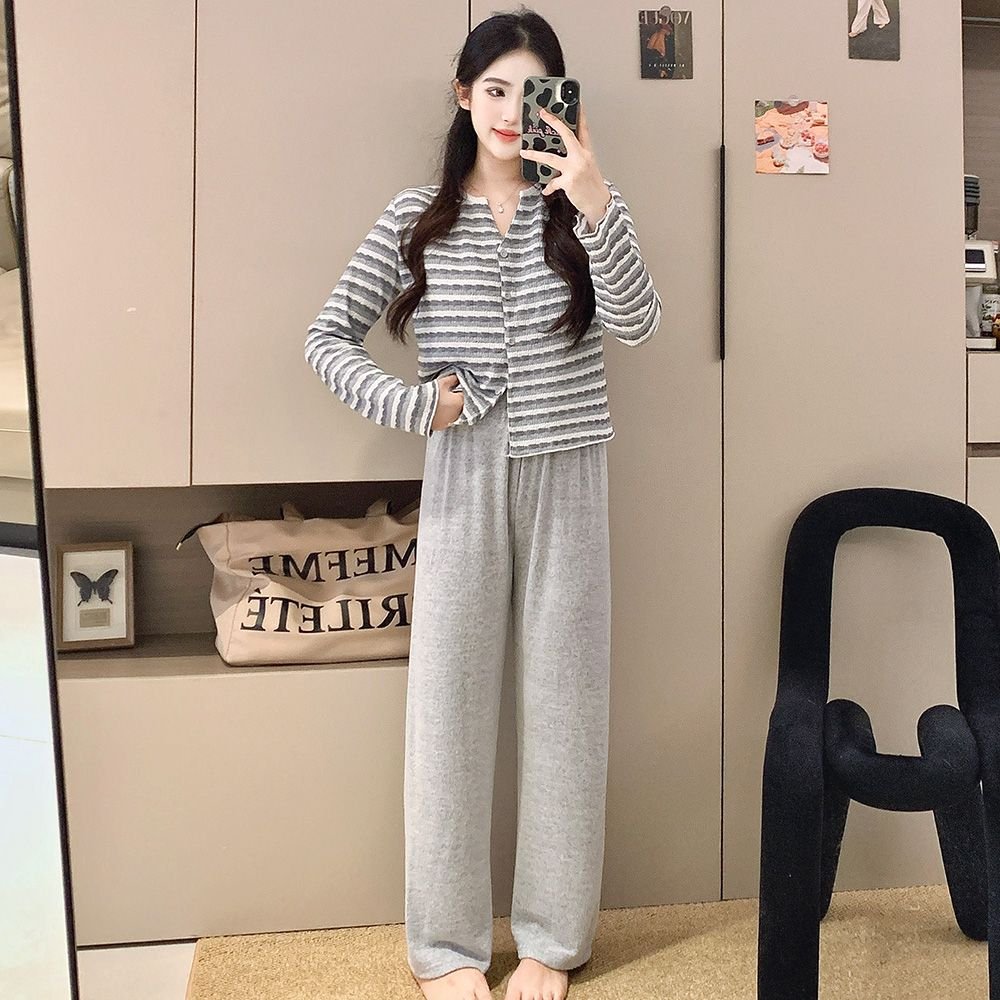 Vapetix M-XXL Cashmere Design Double-Button Pajama Set for Women, Fall/Winter Long-Sleeve Long-Pants Solid Color – Bild 4