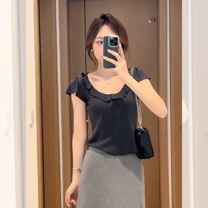 Vapetix S-XL MR【Original Quality】French Style Elegant Gray Ruffled Blouse Short Sleeve T-shirt Women's Summer De - 图片 5