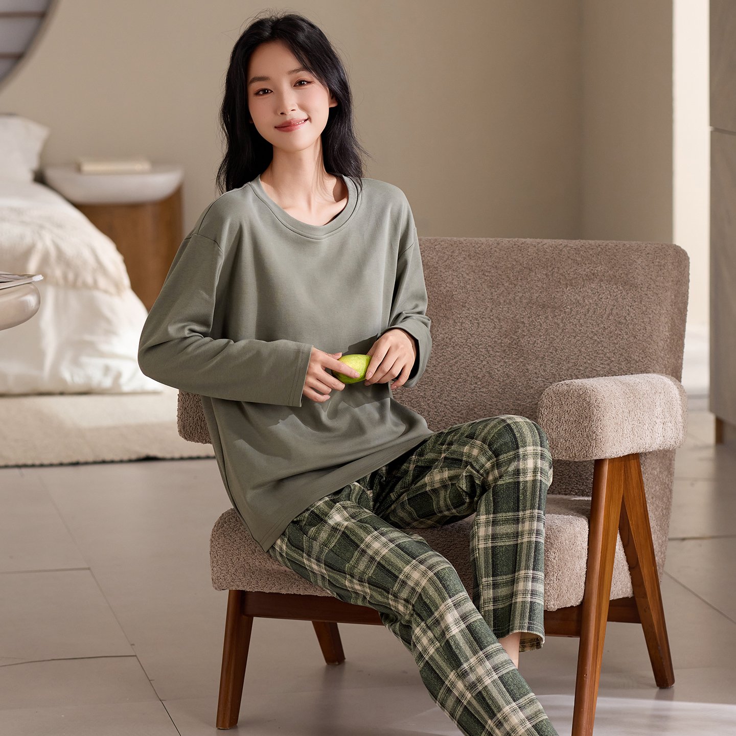 Vapetix M-XXL Qiao Mengran 2025 Autumn Cotton Crew Neck Long Sleeve Long Pants Nightgown Set for Women Casual Com – Bild 4