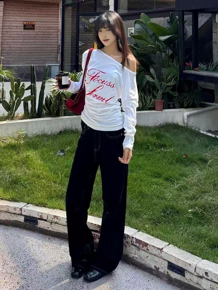 Vapetix M-2XL One-shoulder V-neck Vintage American Rocker Long-Sleeve T-Shirt for Women - Early Autumn Top (220g – Bild 2