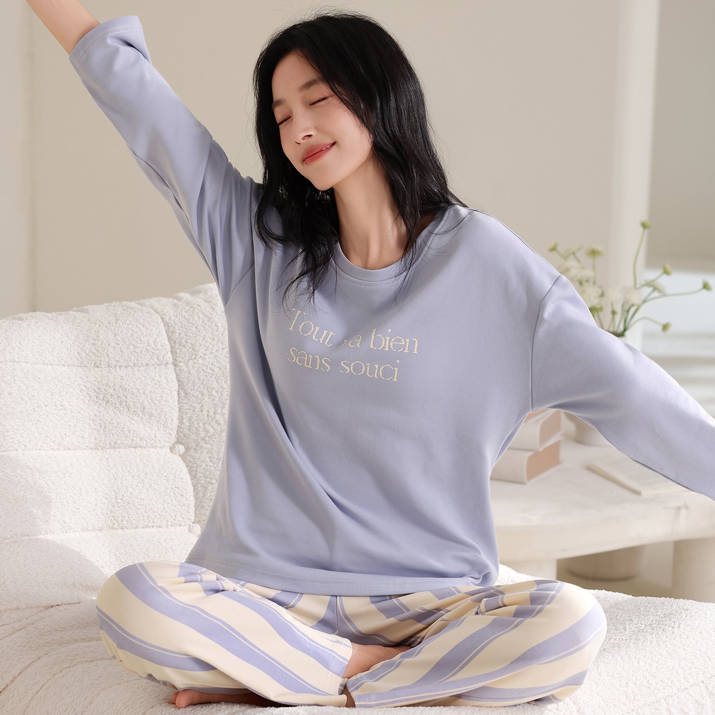 Vapetix M-XXL Qiao Mengran 2025 Autumn Pure Cotton Crew-Neck Long-Sleeve Long-Pants Pajama Set for Women – Casual – Bild 4