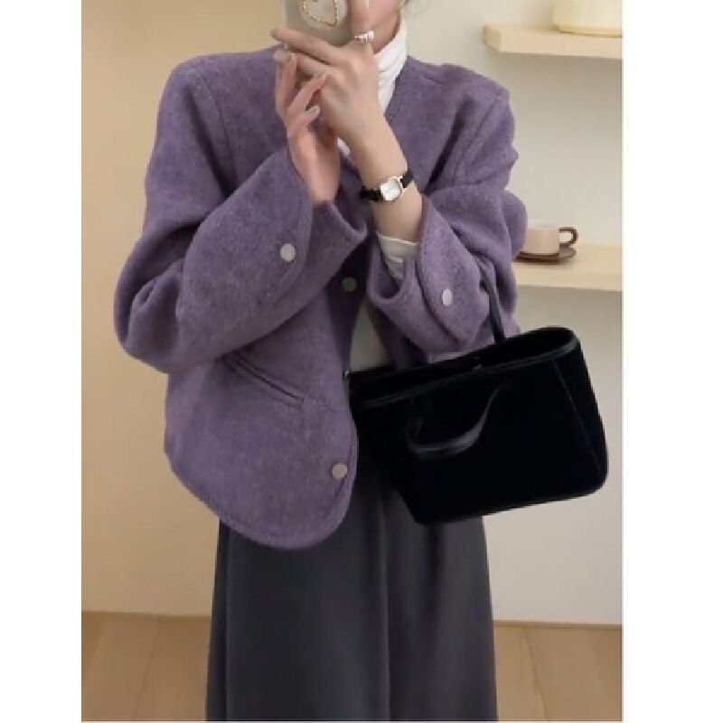 Vapetix S-2XL Women's 2025 Autumn/Winter Purple Wool Coat with a Chic and Sophisticated Little Black Dress Style, – Bild 8