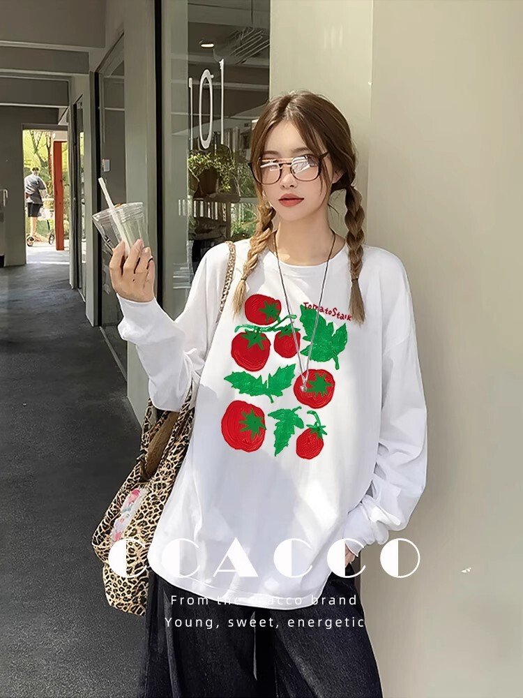 Vapetix S-2XL Cotton 210g Refined Combing Precise Print Autumn Loose Long-Sleeve T-shirt for Women – Bild 7