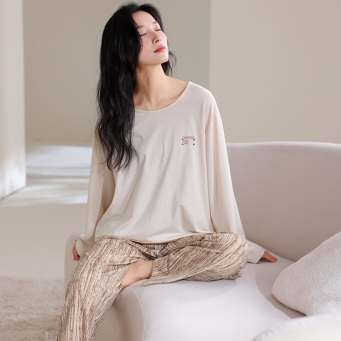 Vapetix M-XXL Qiao Mengran 2025 Autumn Cotton Crew Neck Long Sleeve Long Pants Pajama Set for Women Casual Comfor – Bild 4