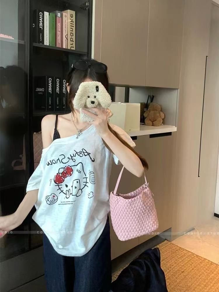 Vapetix S-XL Women's Summer T-Shirt with Cartoon Print, Off-Shoulder Short Sleeve, 92% Cotton 8% Spandex – Bild 3