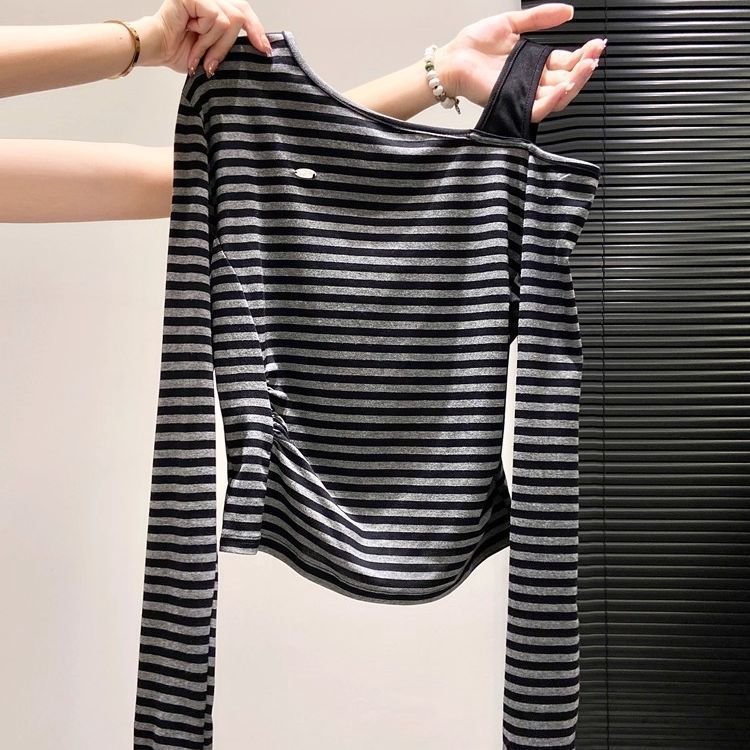 Vapetix S-XL New trendy slim-fit, figure-flattering asymmetrical-design base top—early autumn striped off-should – Bild 4