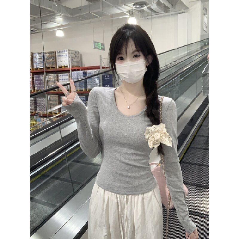 Vapetix S-XL Photographed Autumn Korean Style Fitted Slimming U-Neck Elegant Gentle Long-Sleeved Inner T-shirt B – Bild 9