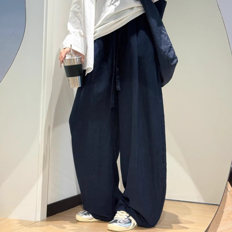 Vapetix S-2XL Dark blue linen-like Tencel wide-leg pants women's summer thin high-waisted slimming lazy loose cas – Bild 4