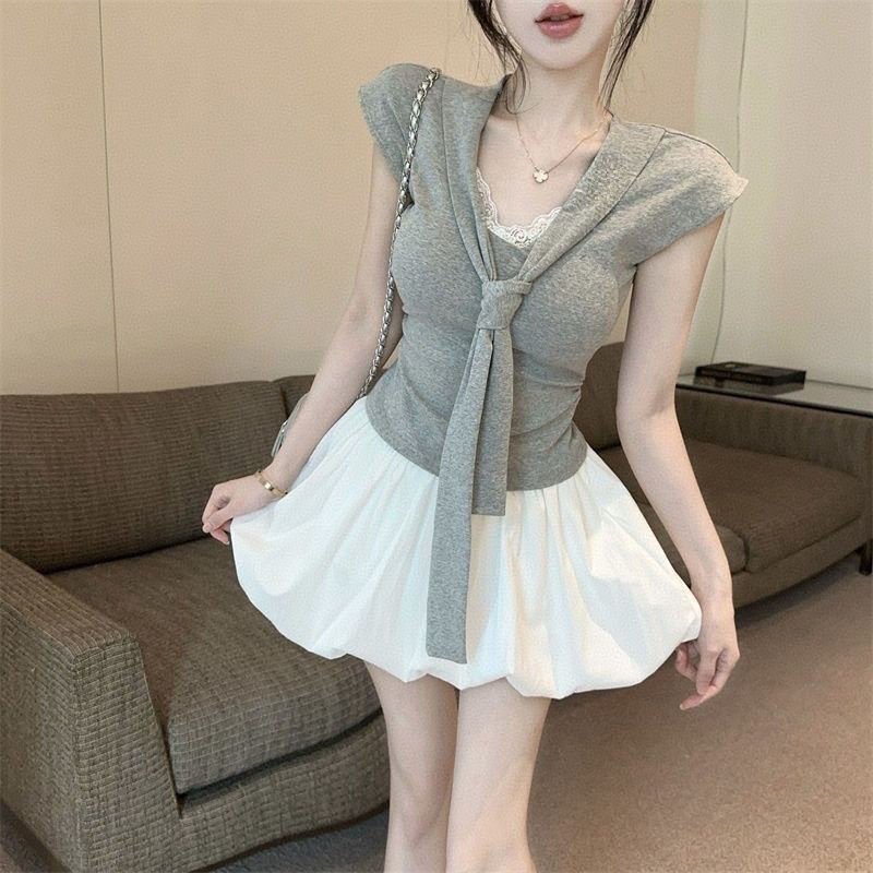 Vapetix S-XL MR Cozy Cotton Korean Style T-shirt Lace Short Sleeve Ribbon Pleated T-shirt Women's Summer Design – Bild 4