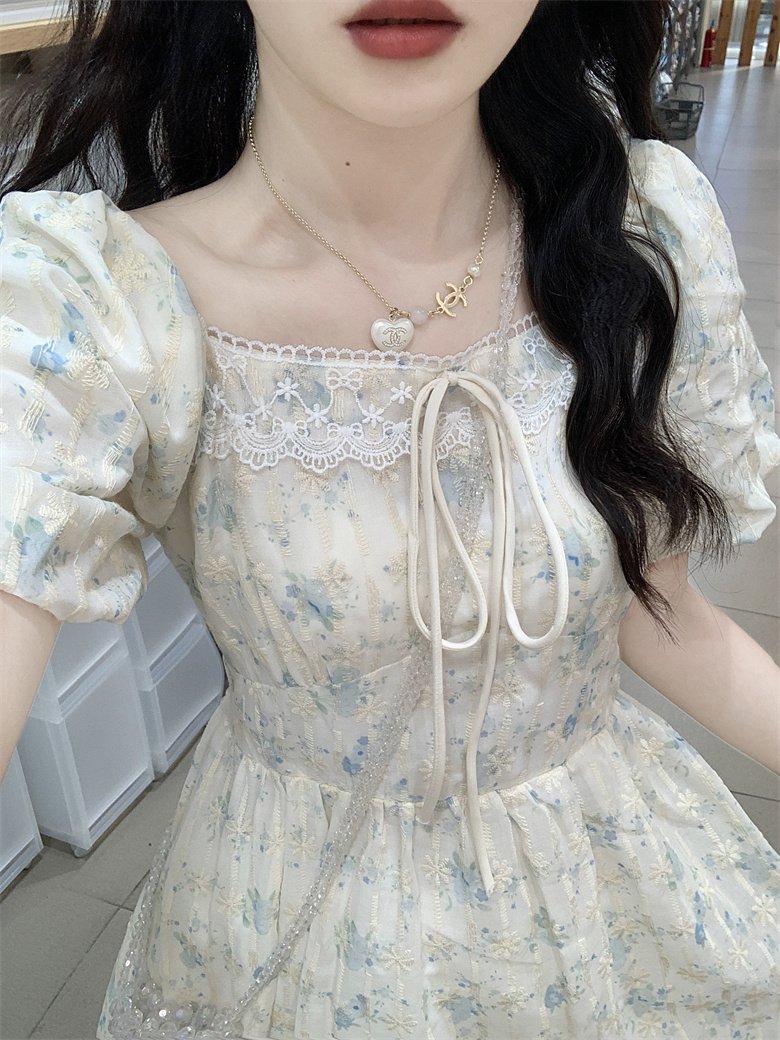 Vapetix S-2XL French Embroidery Floral Dress for Women - Summer, Lace Splicing, Elegant Waist Cinching, Exquisite – Bild 4