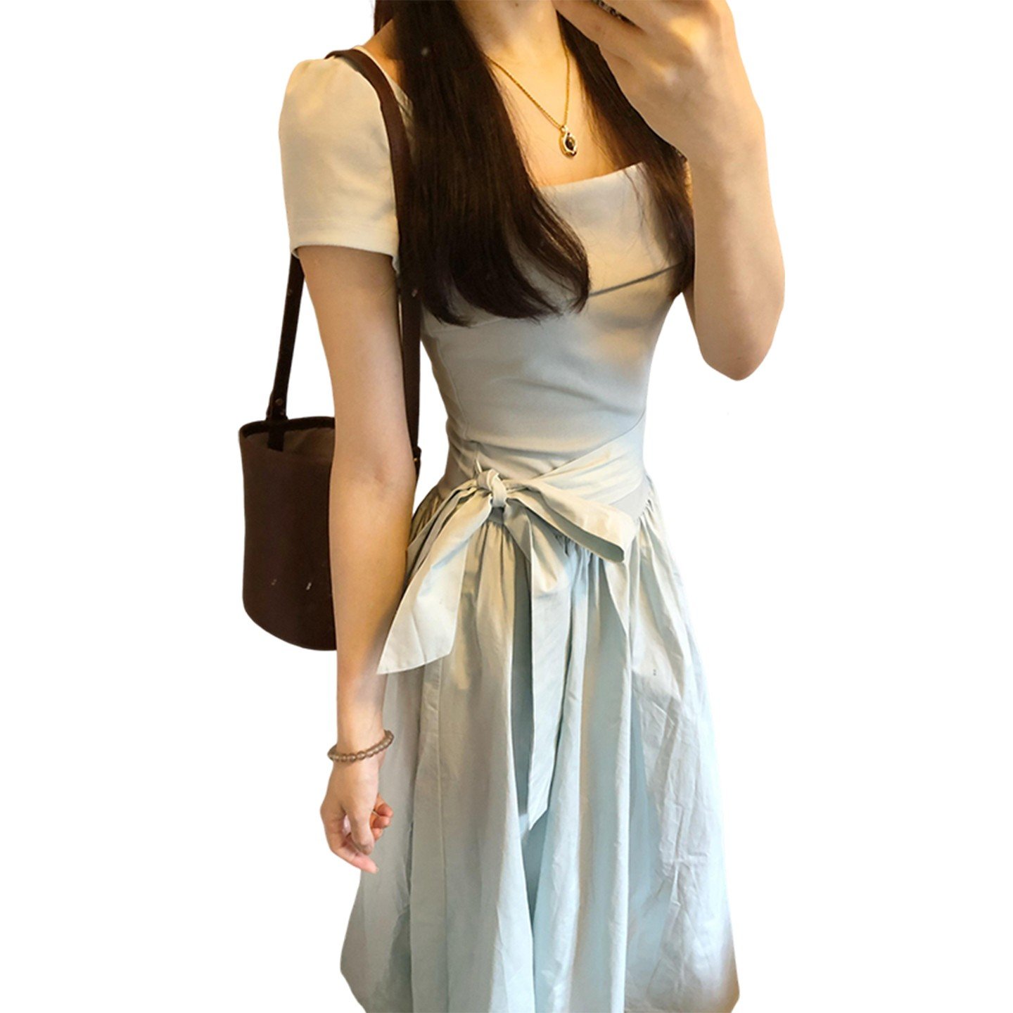 Vapetix S-XL French Gentle Style Square Collar Short Sleeve Dress for Women 2025 Summer New Arrival Waist Cinchi – Bild 4