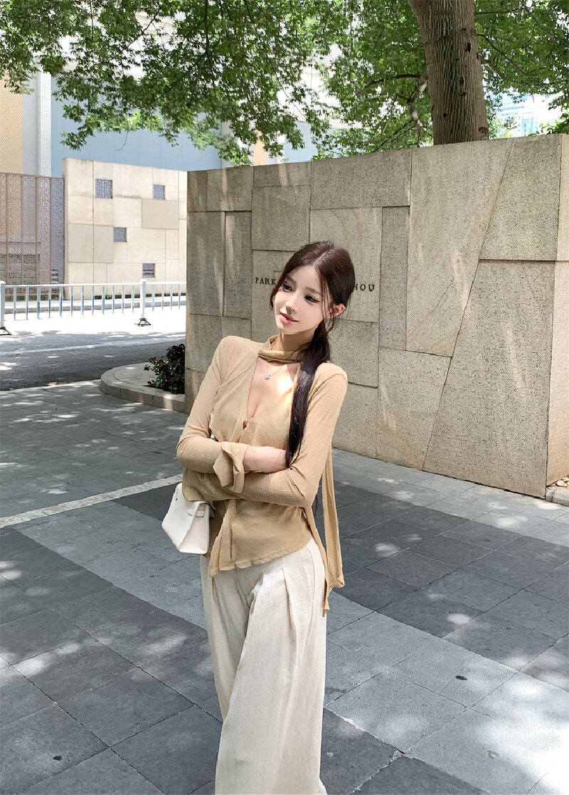 Vapetix S-L Photographed~Early Autumn Relaxed Design Band V-Neck T-Shirt for Women + Mahogany Wide-Leg Pants – Bild 9