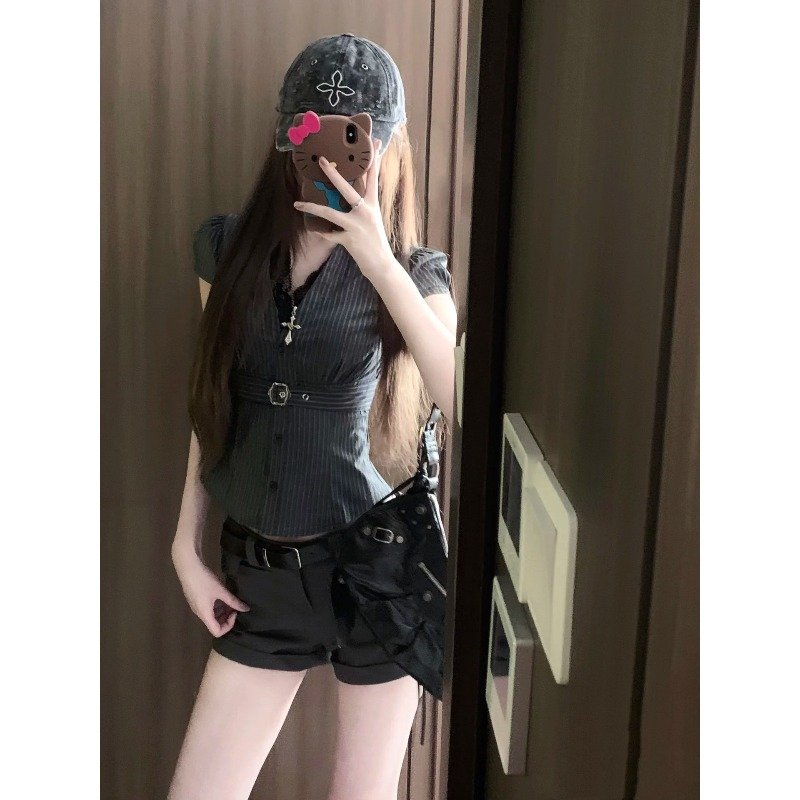 Vapetix S-XL MR【Original Color Weave Striped Shirt】Korean Petite Wear Striped Short-Sleeve Shirt with Gray Short – Bild 4