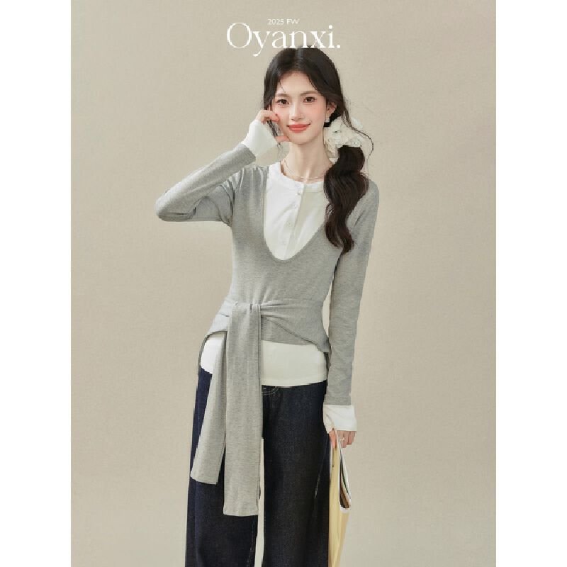 Vapetix S-XL Original Style Sheath Collar Design Slimming Gray Pajama Top Long Sleeve Women's Autumn Top – Bild 8