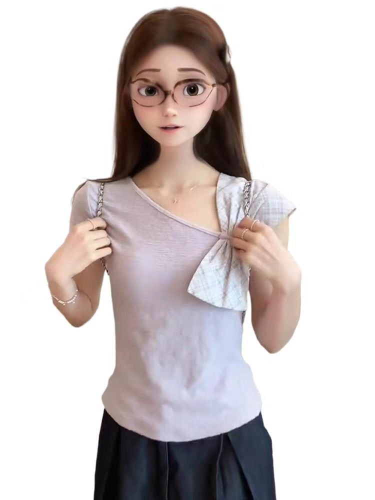 Vapetix S-XL Original Wrinkled Cotton Fabric Butterfly Bow Strapped Short-Sleeve Top for Women Short Length Figu – Bild 4