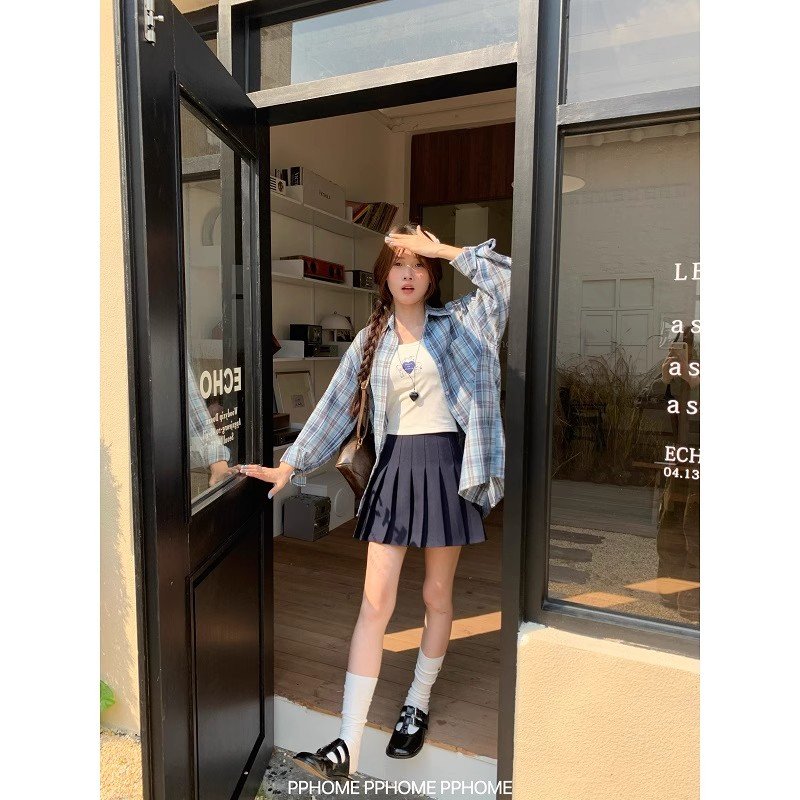 Vapetix S-2XL Women's early autumn loose and lazy blue checkered blouses with frayed edges – Bild 3