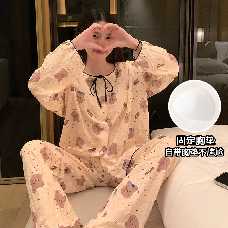 Vapetix M-XXL Women's new autumn sleepwear set with embroidered clouds, cotton crew neck short-sleeve open sweate – Bild 4