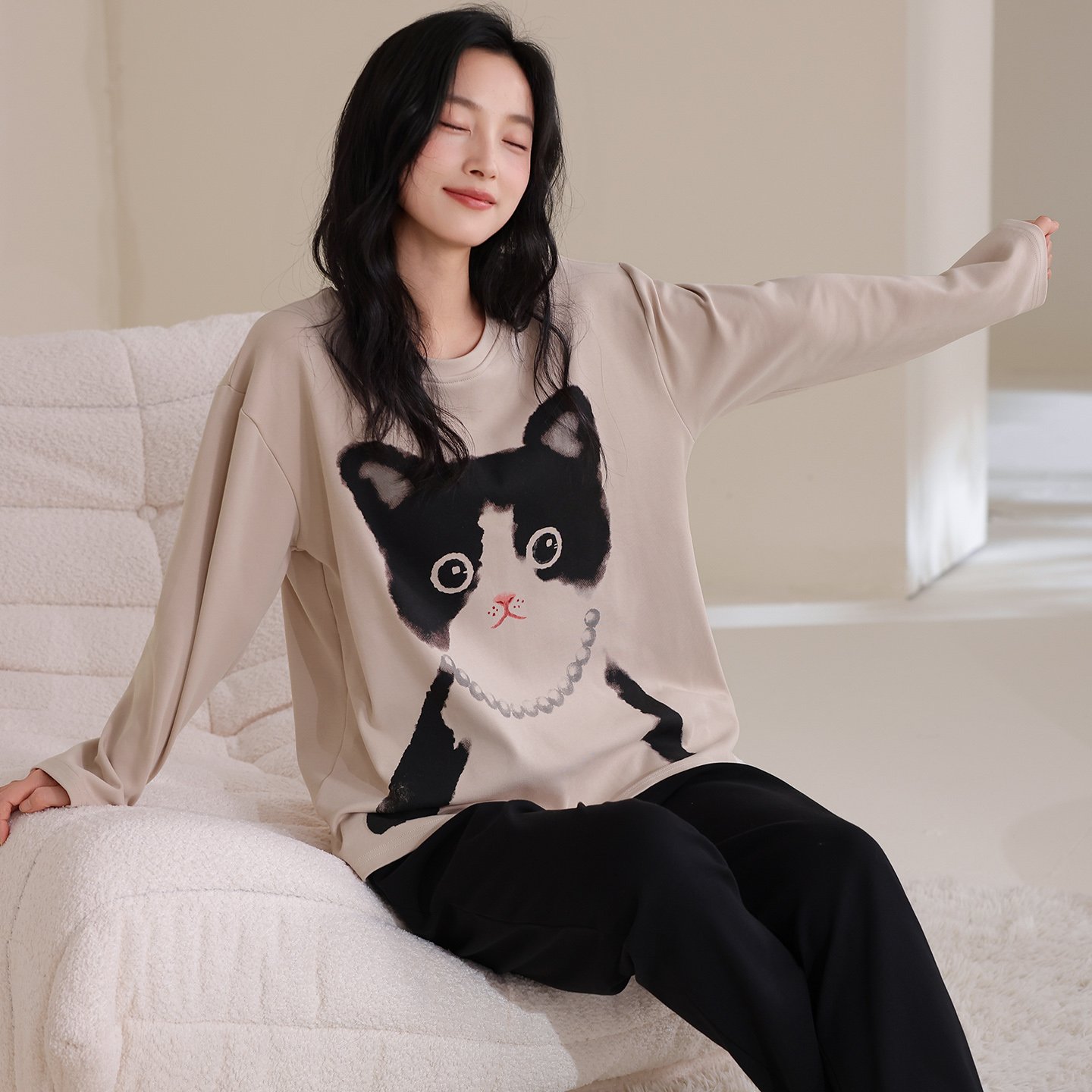 Vapetix M-XXL Jiao Mengran 2025 Autumn Pure Cotton Crew Neck Long Sleeve Pants Pajama Set for Women Leisure Comfo – Bild 4