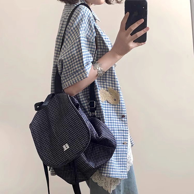 Vapetix S-2XL Women's 2025 Summer Short Sleeve Gingham Shirt in Japanese Retro Loose Casual College Style Thin Bl – Bild 4