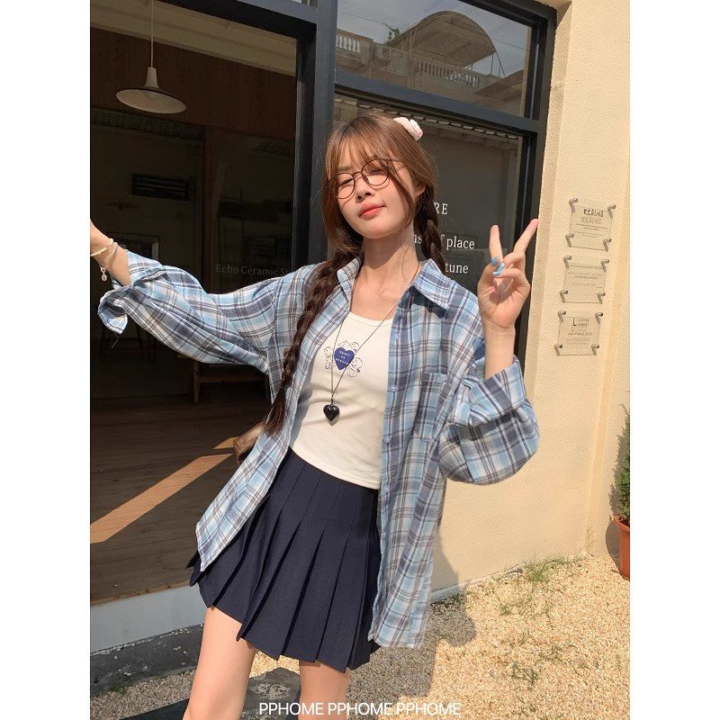 Vapetix S-2XL Women's early autumn loose and lazy blue checkered blouses with frayed edges – Bild 4