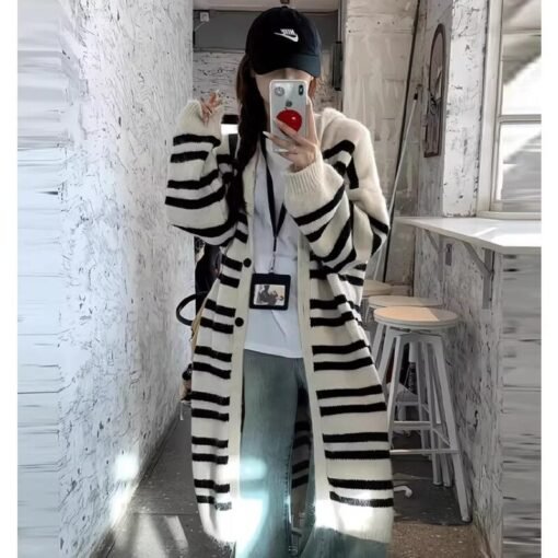 Vapetix Free Size-Free Size  Korean-style striped medium-length cardigan outerwear for women, autumn and winter casual style, un