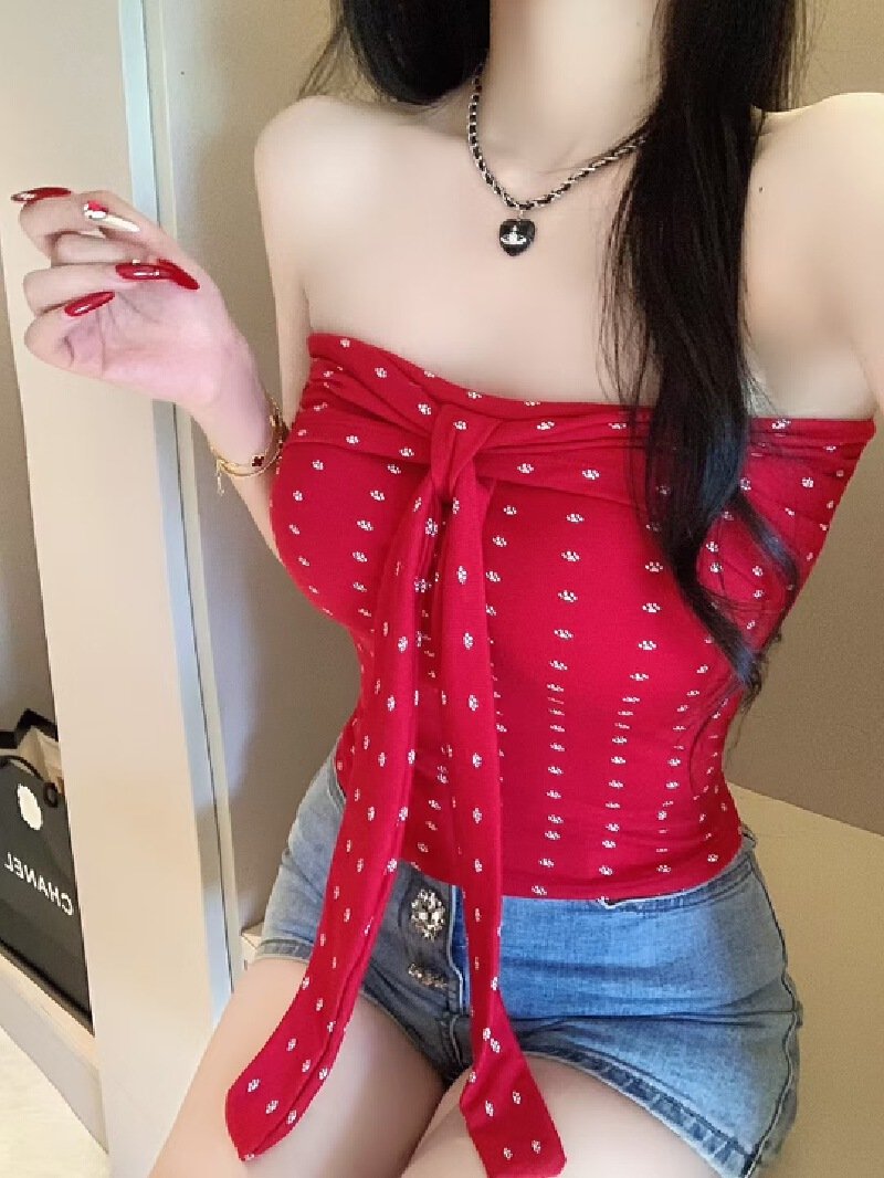 Vapetix Free Size-Free Size Women's Summer Sleeveless Tight Bodysuit Red Bra Top with Pure Desire Style