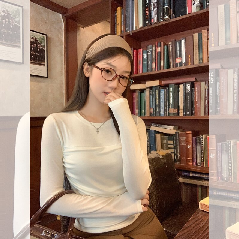 Vapetix S-L Women's Autumn New Square Collar Long Sleeve T-Shirt with Pouch and Slimming Design