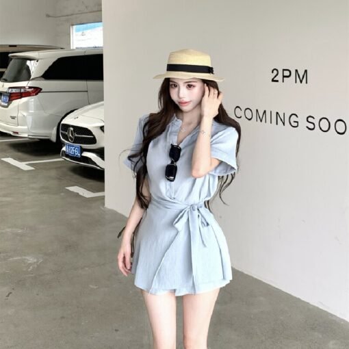 Vapetix S-M  Real shot ~ Designer style, elegant, lapel, strap, cinched waist blouse dress, commuting high-waist
