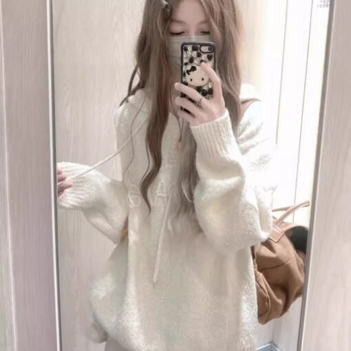 Vapetix Free Size-Free Size  American Retro Off-White Hooded Knit Sweater for Women - New Arrival Fall/Winter Small Figure Loose