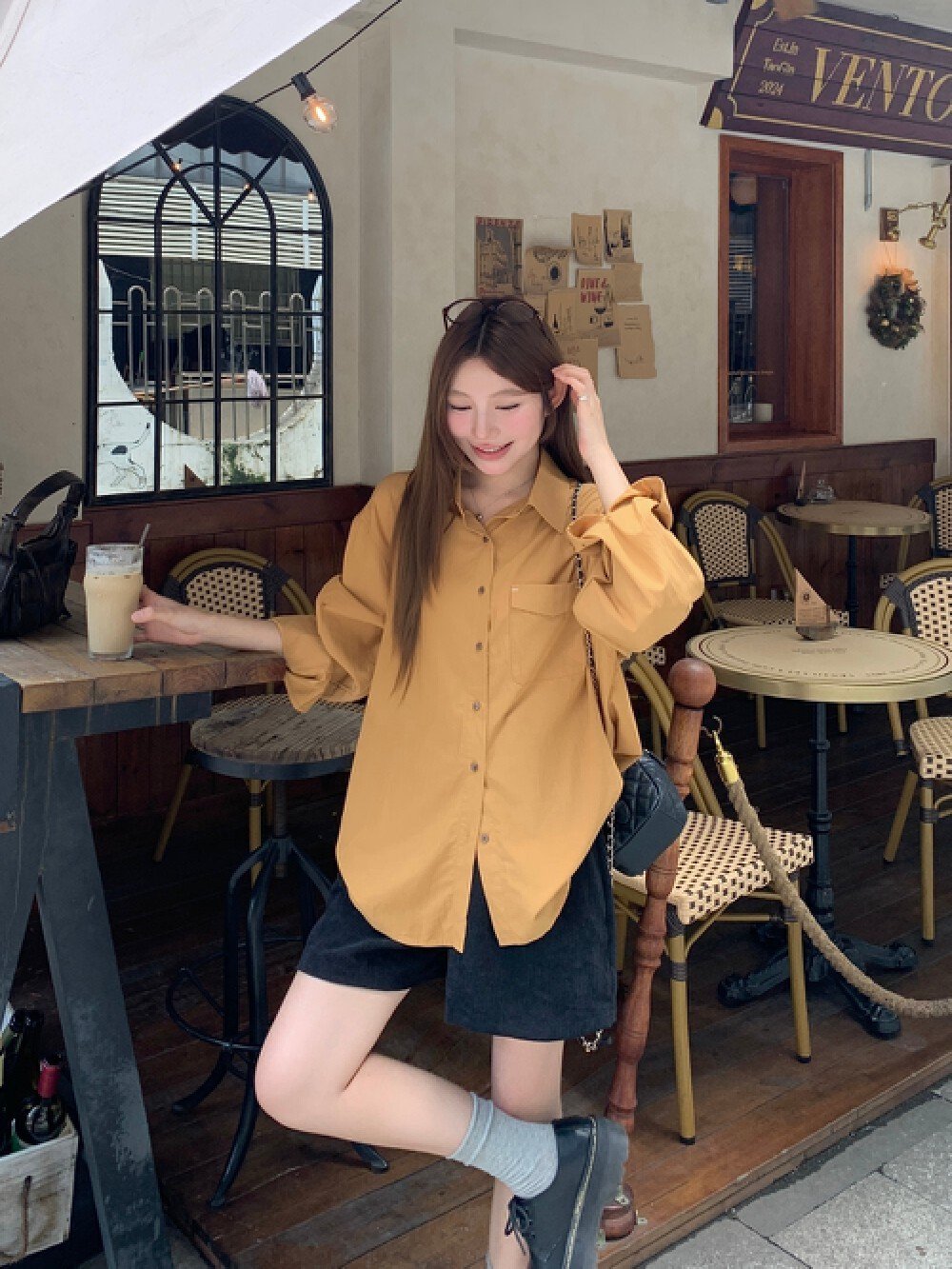 Vapetix Free Size-Free Size Photographed Korean-style retro relaxed fit thin women's autumn casual versatile long-sleeved top
