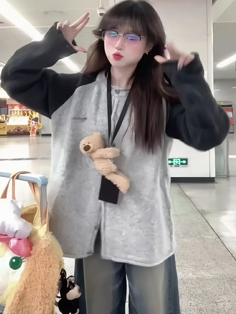 Vapetix S-XL 2025 Autumn Korean Leisure Style Color Block Knit Cardigan for Women - Design-Focused Loose and Ver