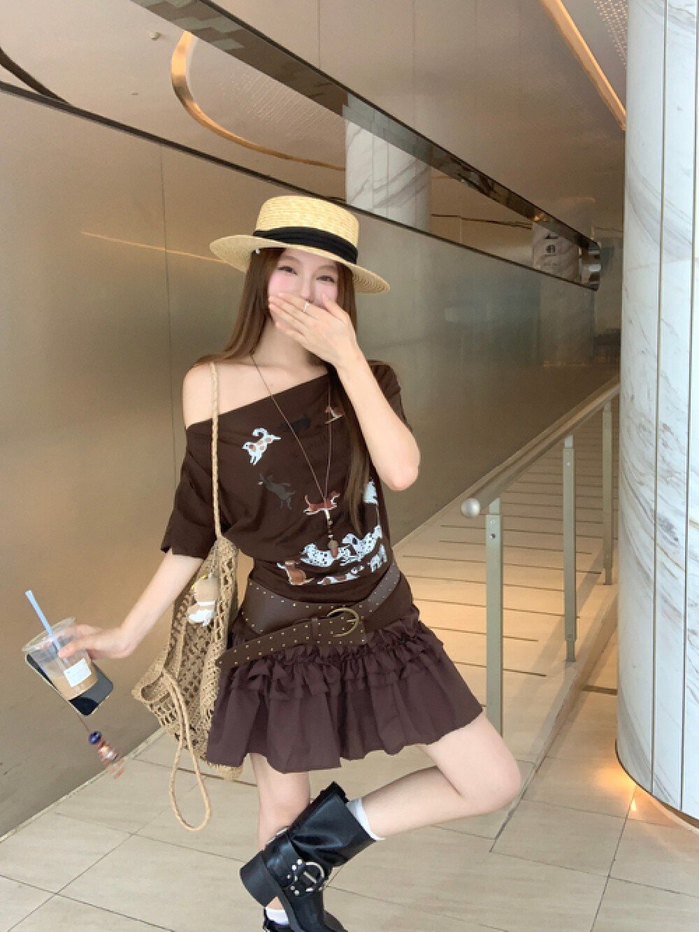 Vapetix S-L Photographed Maillard-style small dog print pleated short-sleeved T-shirt with chiffon layered flor