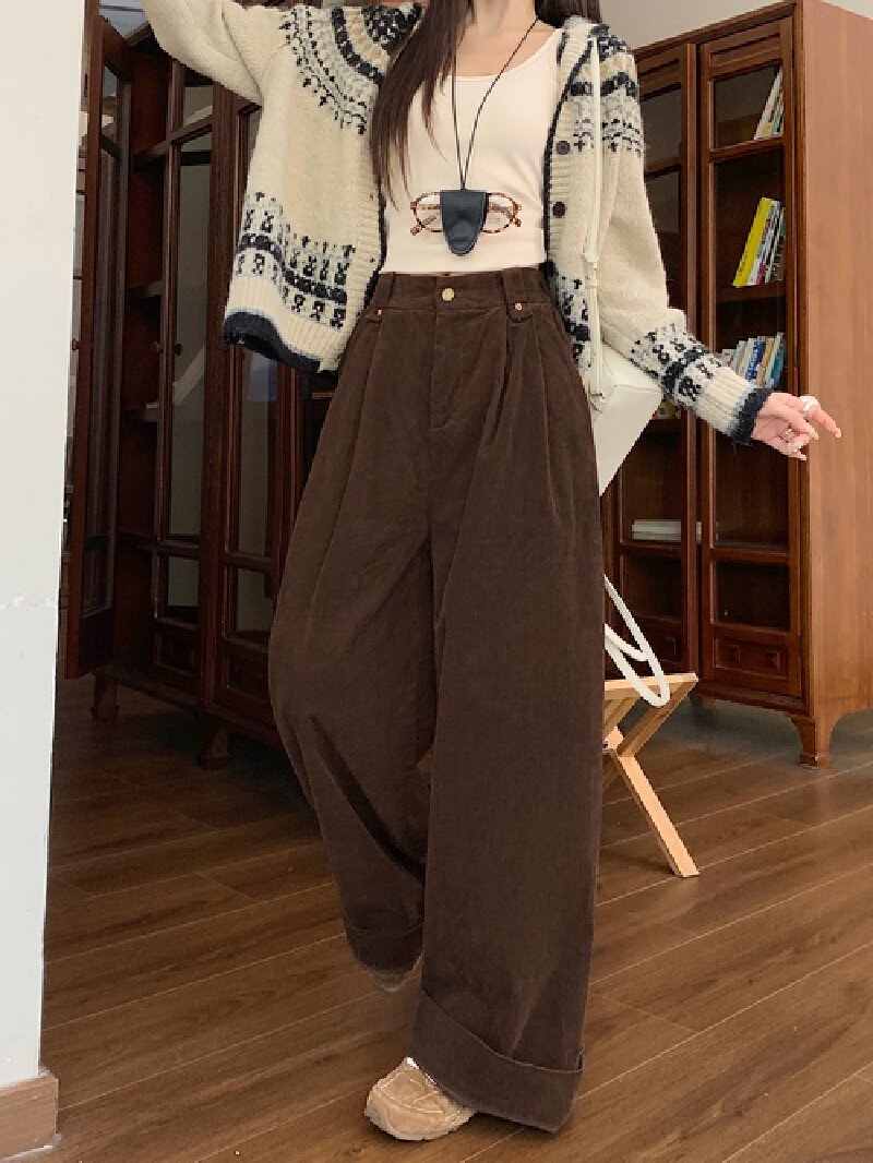 Vapetix S-L Actual shot corduroy loose retro high-waisted straight-leg casual pants solid color versatile women