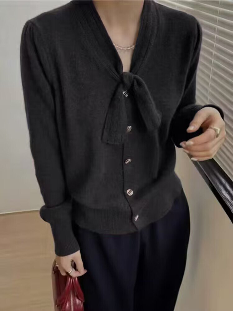 Vapetix Free Size-Free Size Women's Spring and Autumn 2025 New Lazy Style Grey Bow Knit Cardigan Short-sleeved Atmospheric Top