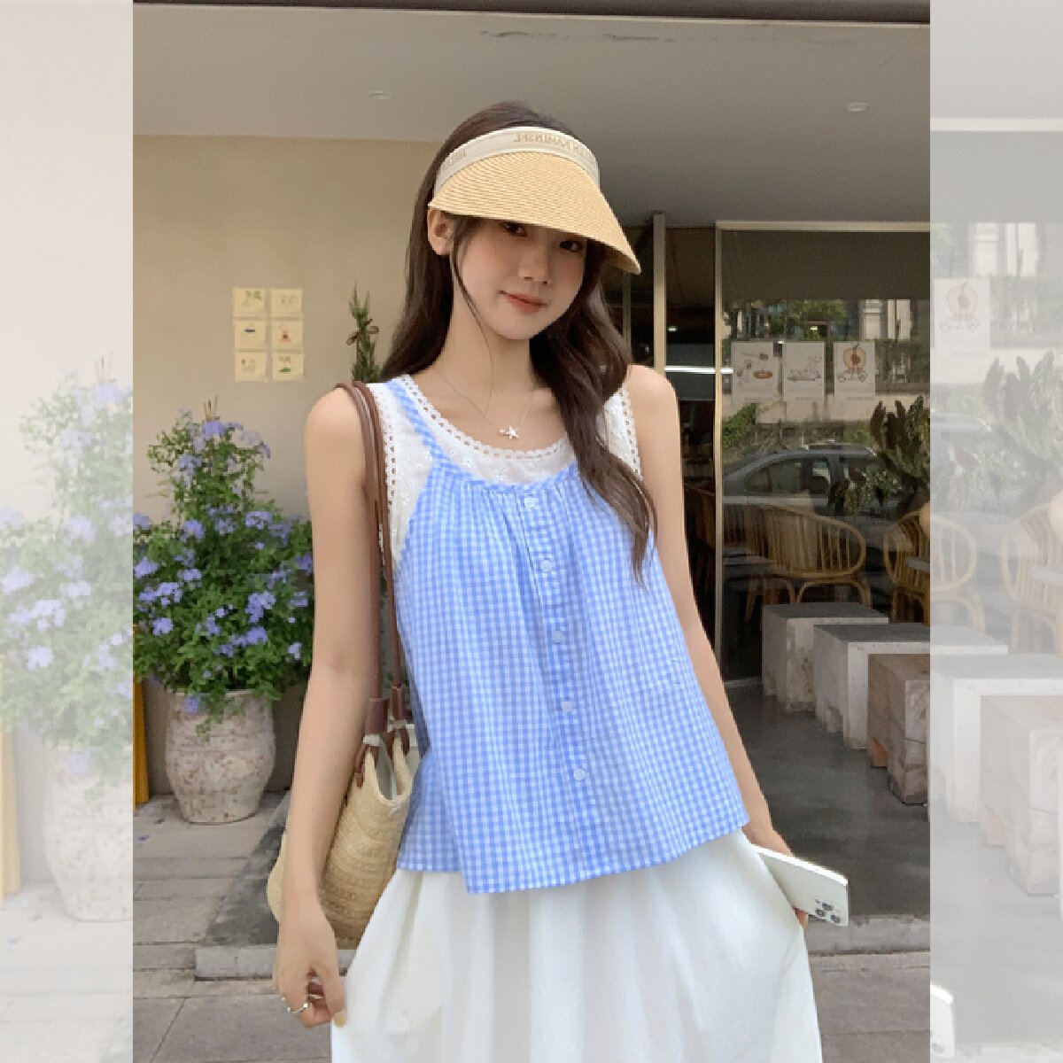 Vapetix S-L Actual shot 2025 seaside outfit blue checkered tank top women's summer two-piece sleeveless outerwe