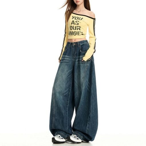 Vapetix XS-XL  Bent-knife American-style high street loose wide-leg stereoscopic cutting silhouette, washed denim – Bild 2