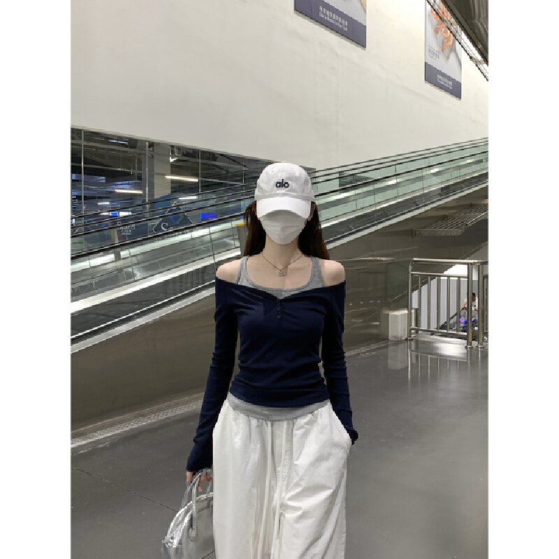 Vapetix S-XL Real-shot Autumn Korean-style Color-Block Slim-Fit Elegant Off-Shoulder Mock-Two-Piece Design Long-
