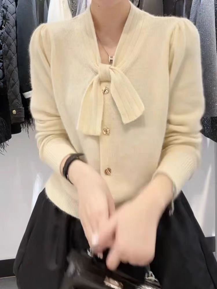 Vapetix Free Size-Free Size Women's Spring and Autumn 2025 New Lazy Style Grey Bow Knit Cardigan Short-sleeved Atmospheric Top – Bild 2