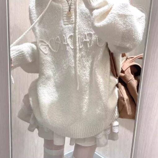 Vapetix Free Size-Free Size  American Retro Off-White Hooded Knit Sweater for Women - New Arrival Fall/Winter Small Figure Loose – Bild 3