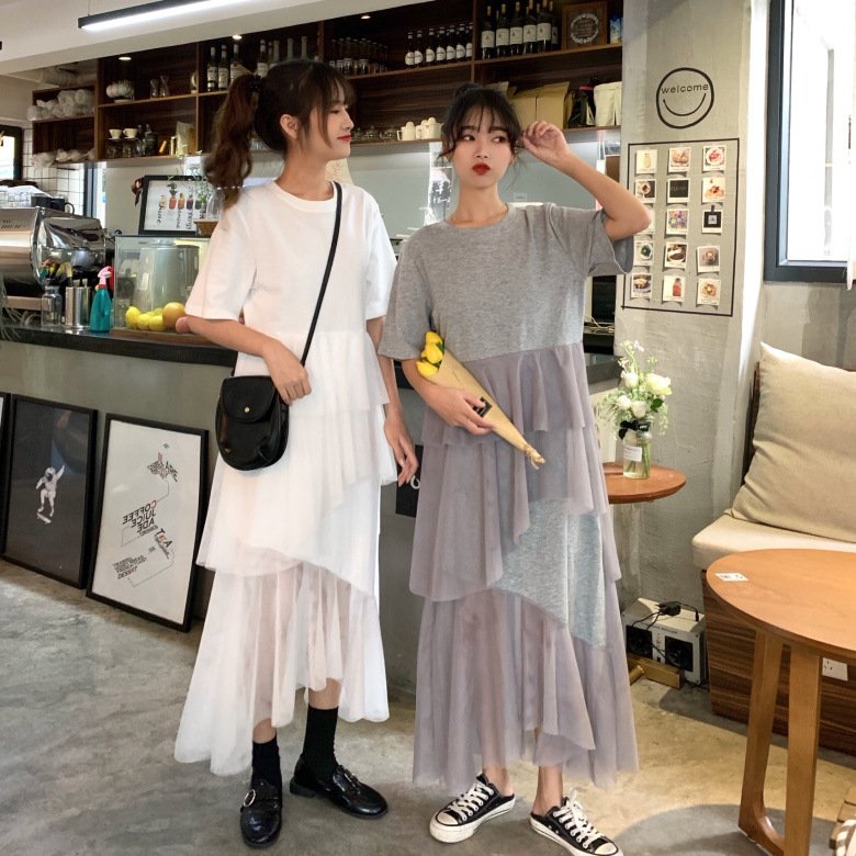 Vapetix M-3XL 2025 Women's Spring Short-Sleeved Loose Fairy Mesh Skirt Patchwork Dress Women's Long Over-Knee Cak – Bild 9