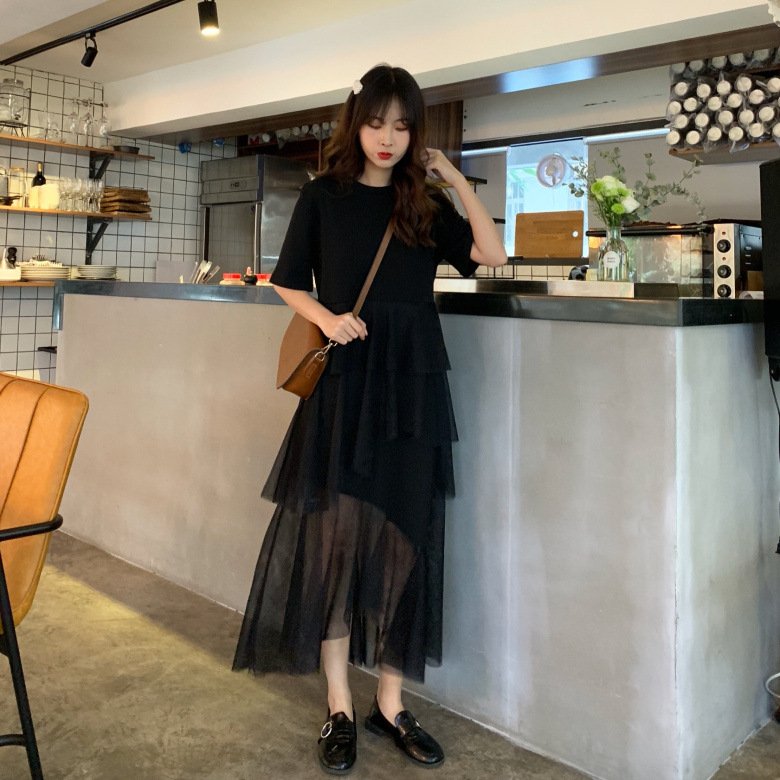 Vapetix M-3XL 2025 Women's Spring Short-Sleeved Loose Fairy Mesh Skirt Patchwork Dress Women's Long Over-Knee Cak