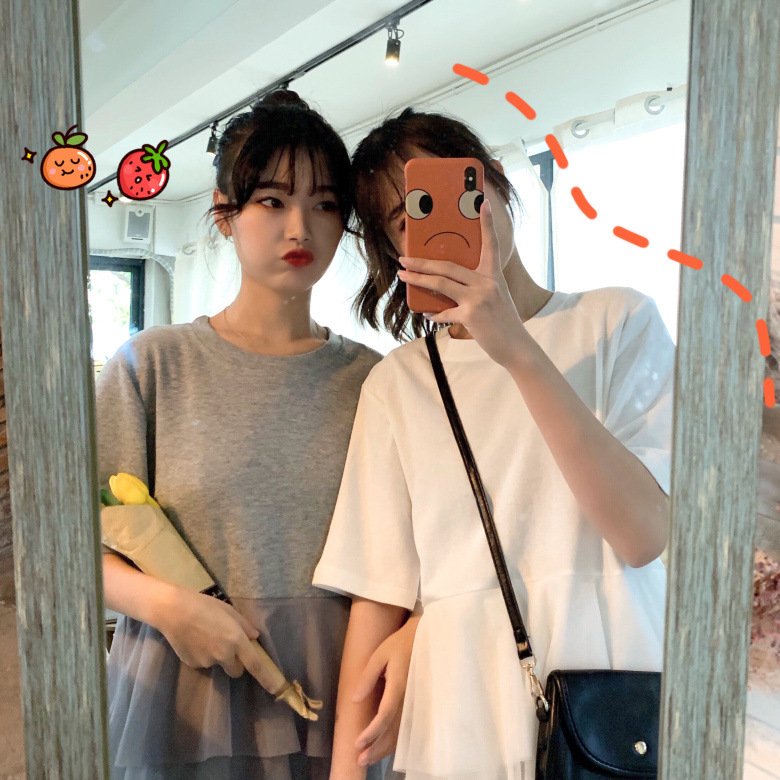 Vapetix M-3XL 2025 Women's Spring Short-Sleeved Loose Fairy Mesh Skirt Patchwork Dress Women's Long Over-Knee Cak – Bild 5