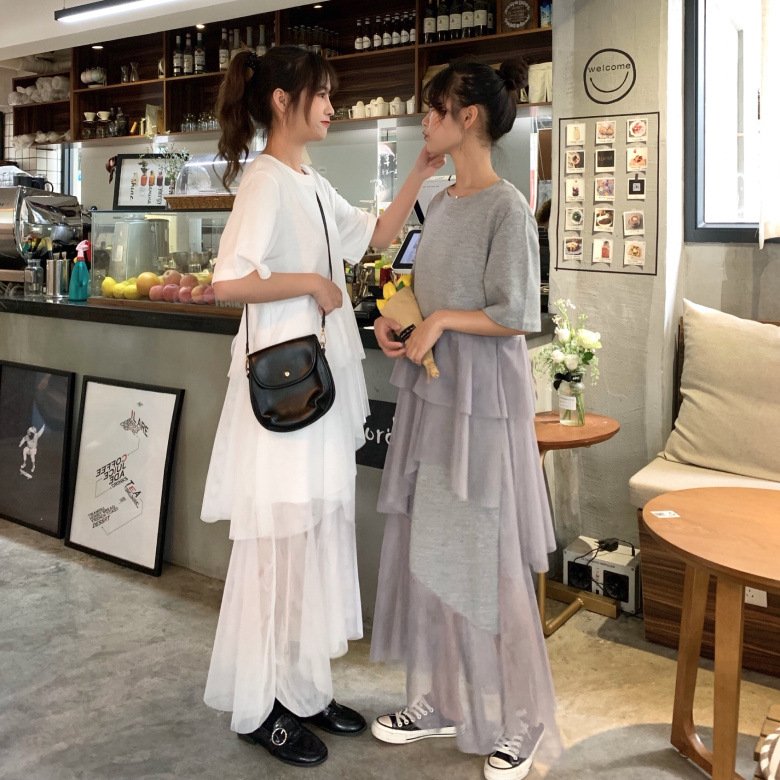 Vapetix M-3XL 2025 Women's Spring Short-Sleeved Loose Fairy Mesh Skirt Patchwork Dress Women's Long Over-Knee Cak – Bild 6