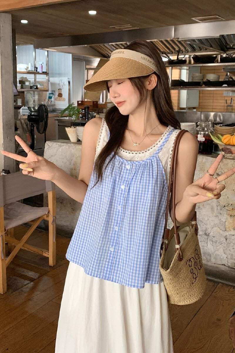 Vapetix S-L Actual shot 2025 seaside outfit blue checkered tank top women's summer two-piece sleeveless outerwe - 图片 2