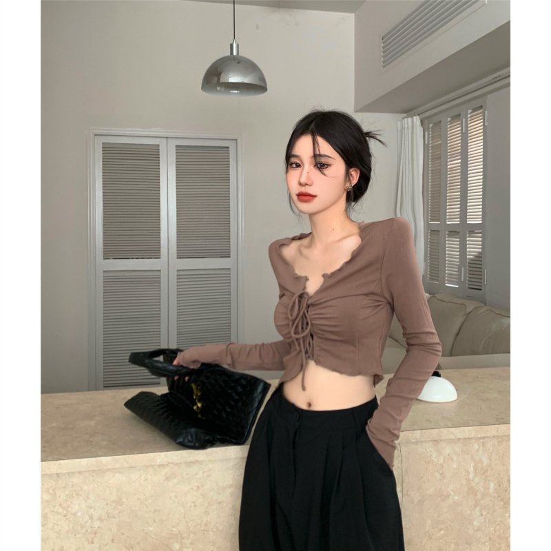 Vapetix One size fits all-One size fits all Actual shot ~ Irregular T-shirt for women, V-neck slim fit, autumn short, tight-fitting drawstring