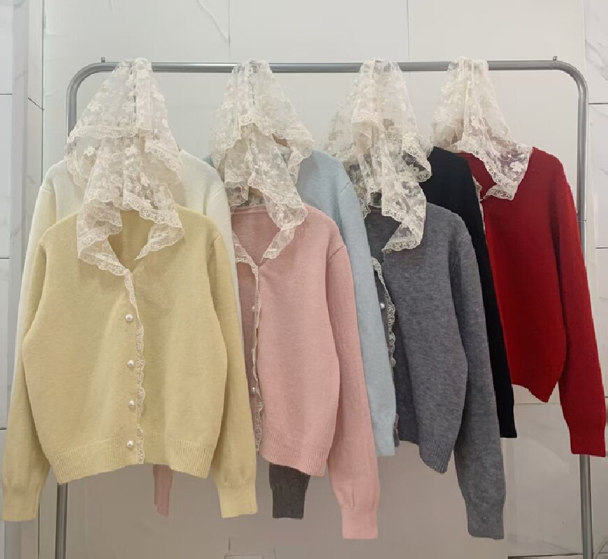 Vapetix Free Size-Free Size Korean-style lace patchwork button hooded cardigan women's spring and autumn lazy loose soft yarn t