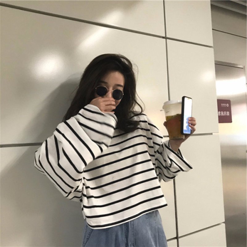 Vapetix M-2XL Black and White Striped Long-Sleeve Student Base T-Shirt for Women, Striped T-Shirt for Women, Kore