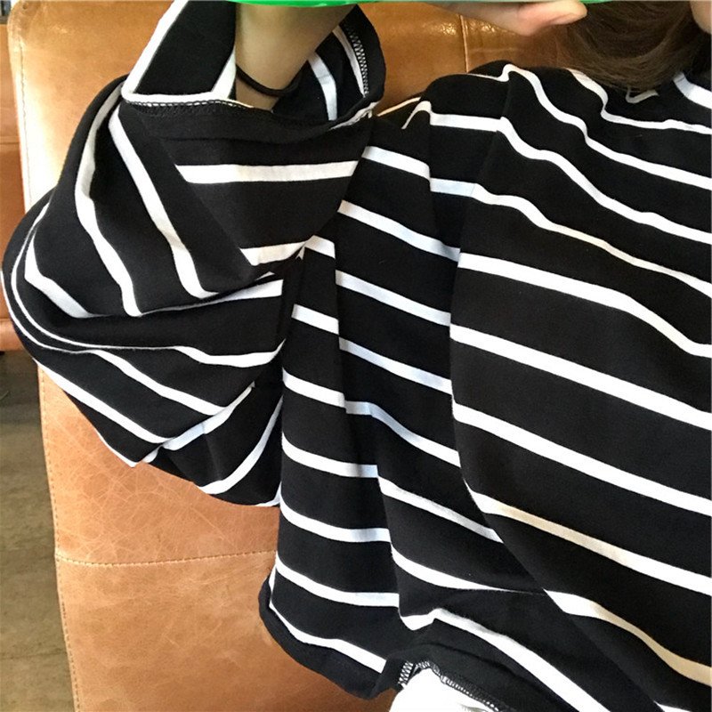 Vapetix M-2XL Black and White Striped Long-Sleeve Student Base T-Shirt for Women, Striped T-Shirt for Women, Kore – Bild 7