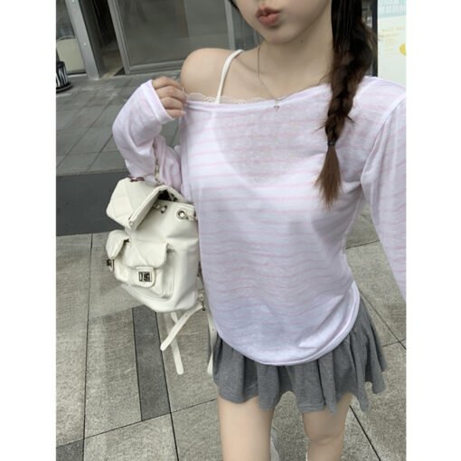 Vapetix S-XL  Photographed Real Off-the-Shoulder Striped T-Shirt for Women Summer Korean Style Lazy Wind Loose Sl – Bild 2